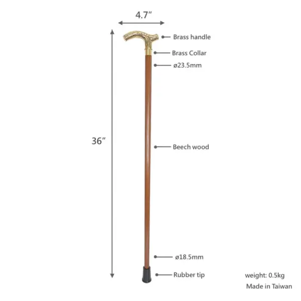 中花木銅製握把實木手杖