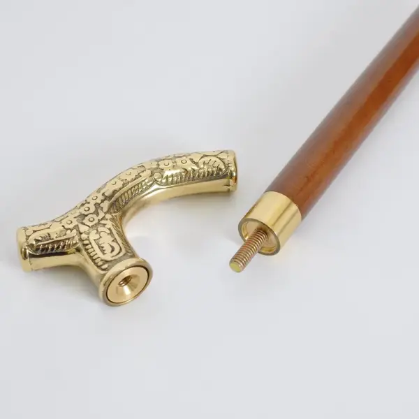 中花木銅製握把實木手杖